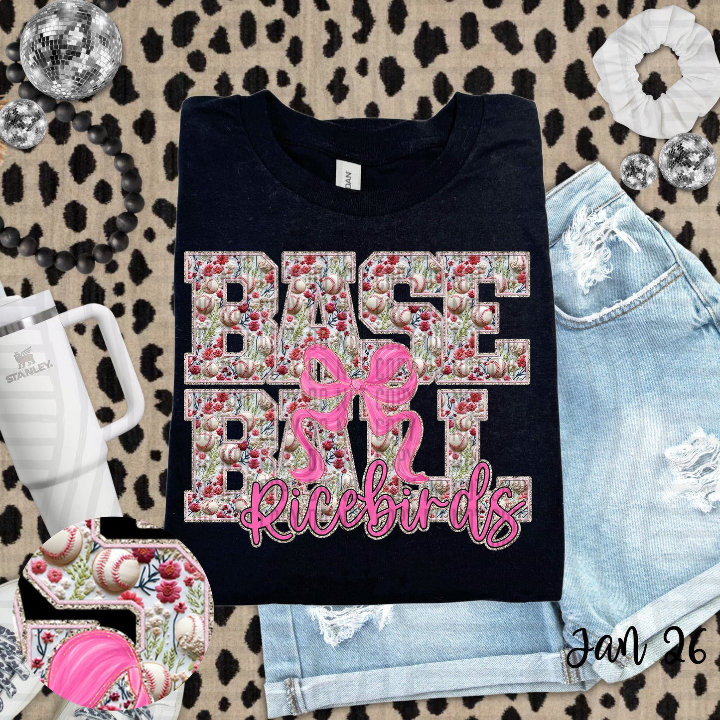 FLORAL RICEBIRDS BASEBALL PINK BOW