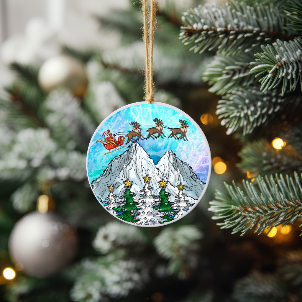 Santa Reindeers flying over mountain - UV DTF