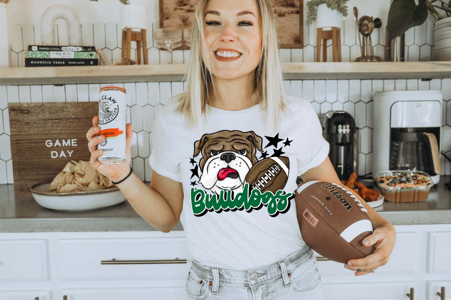 Bulldogs with mascot- green letters