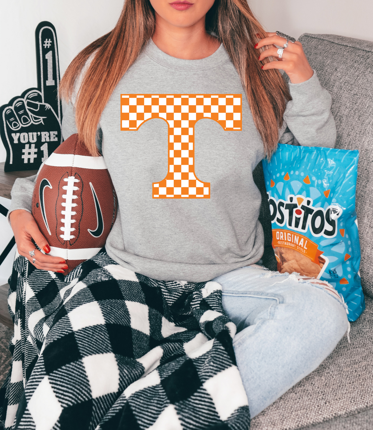 White/orange checkered T