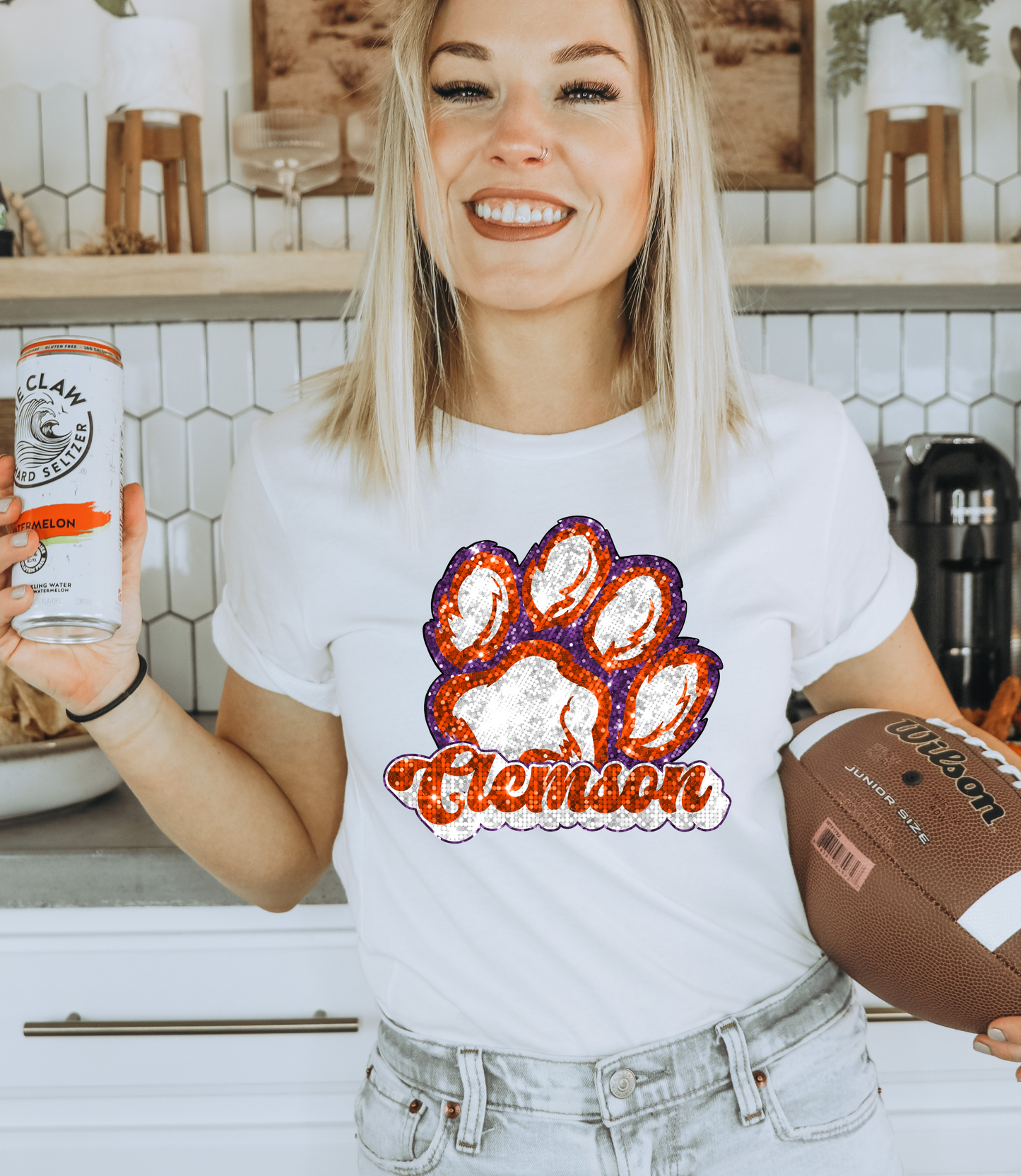 Clemson, sequin - pawprint orange & purple