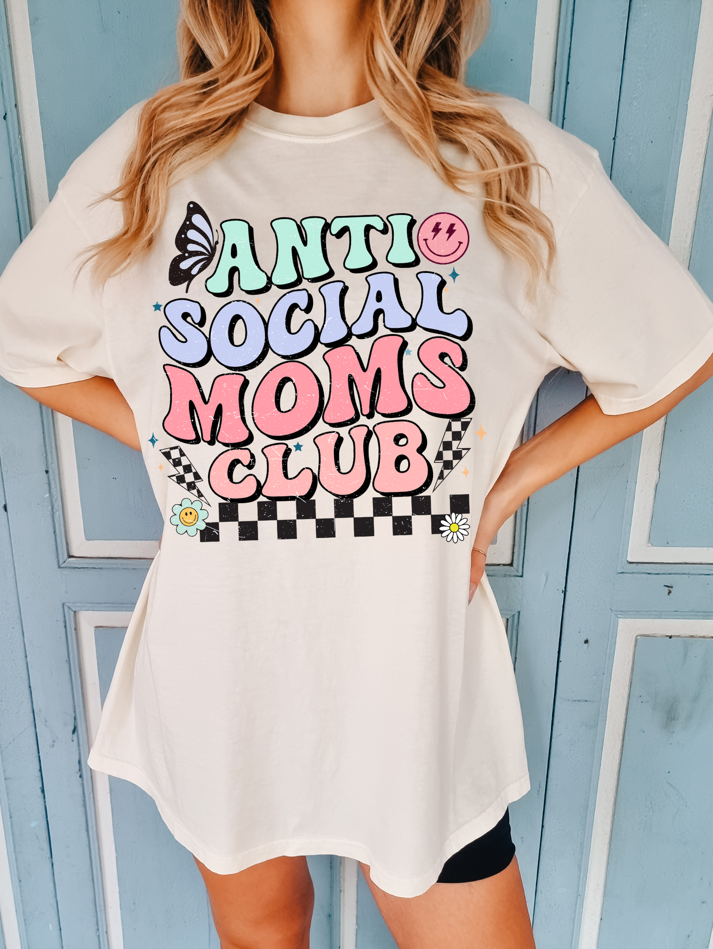 Anti social mom's club, black checkered-pink, green and blue