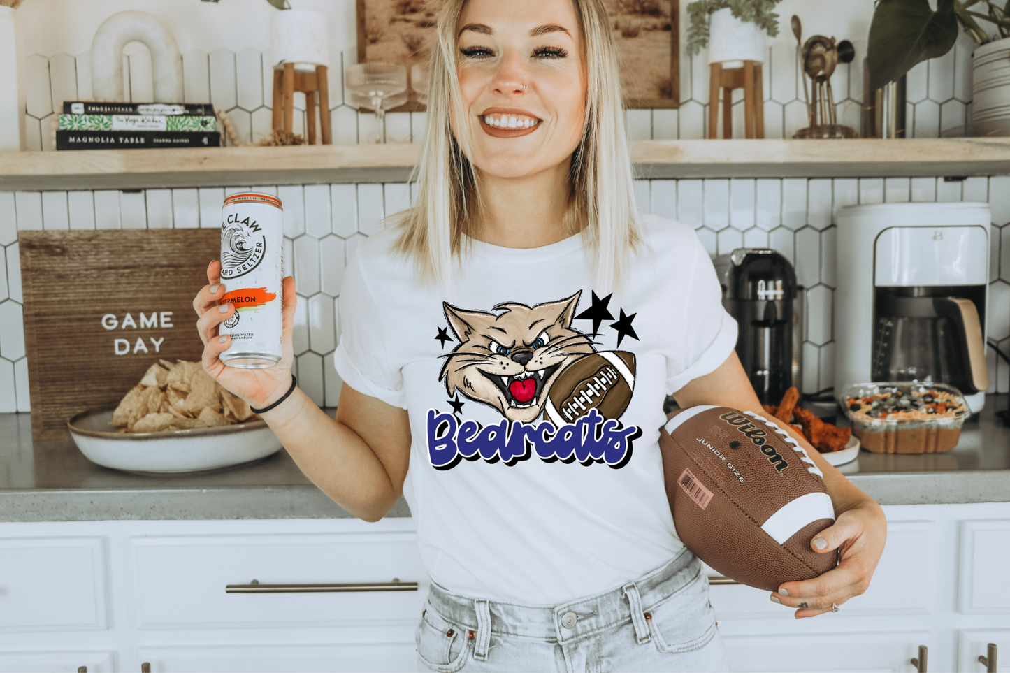 Bearcats with mascot- blue letters