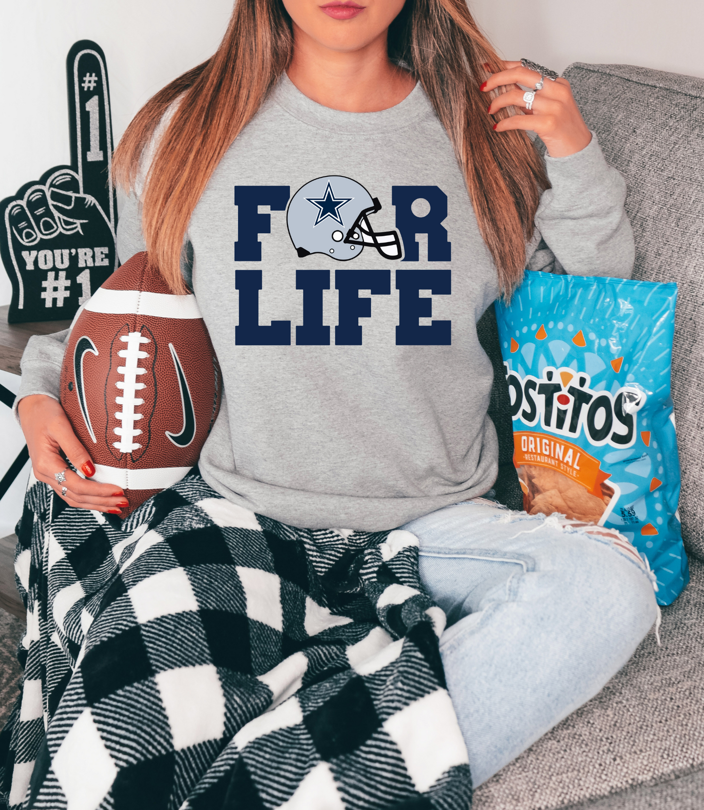 For life with Cowboys helmet as O - blue letters