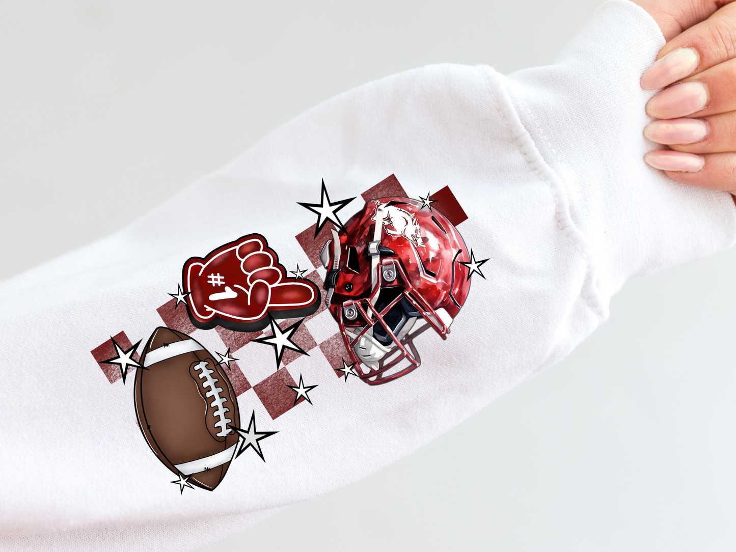 Razorbacks helmet, foam finger, football and red checkered - sleeve