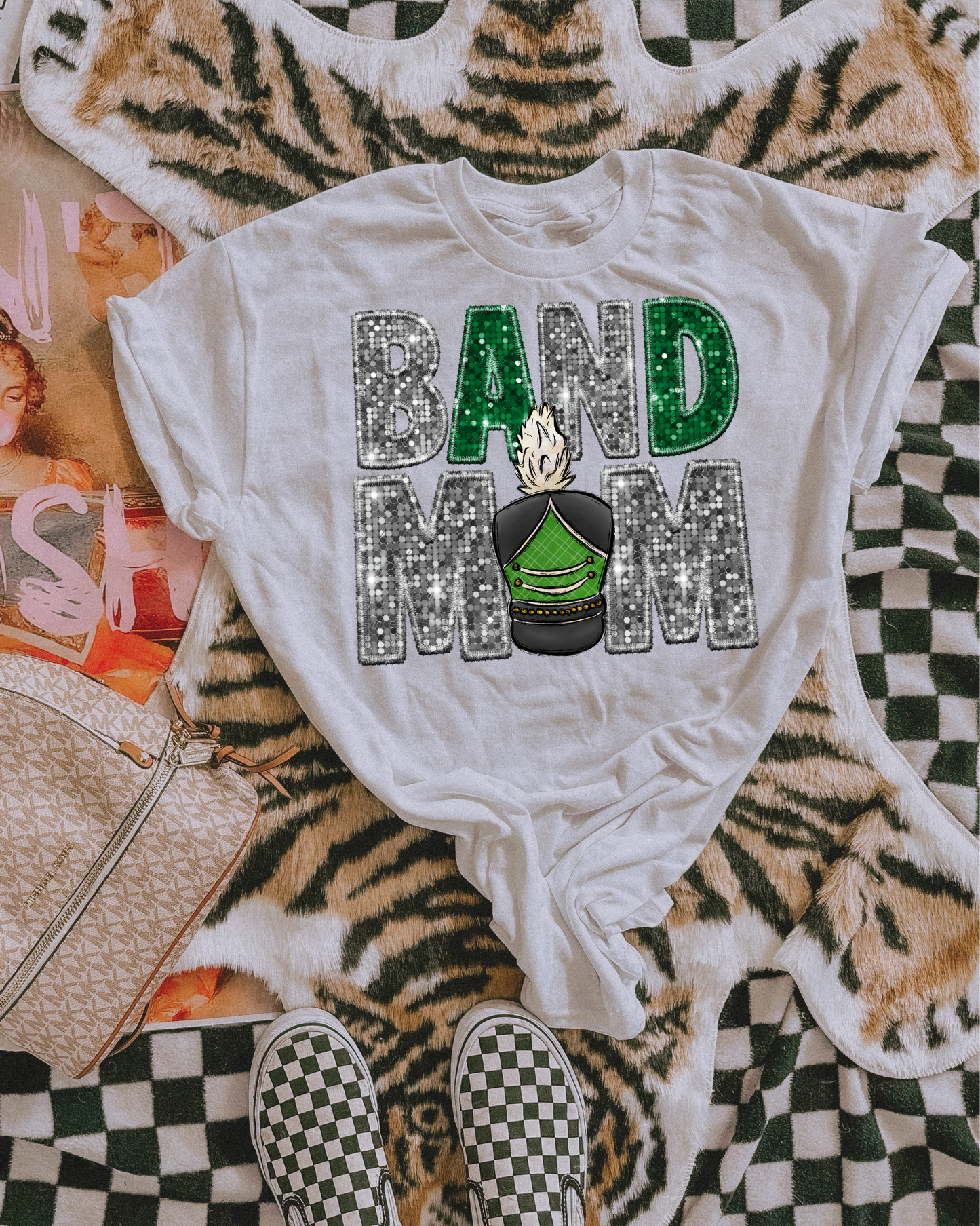 Band Mom Silver And Green Glitter