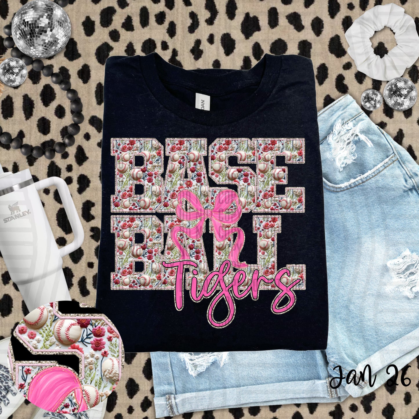 FLORAL TIGERS BASEBALL PINK BOW