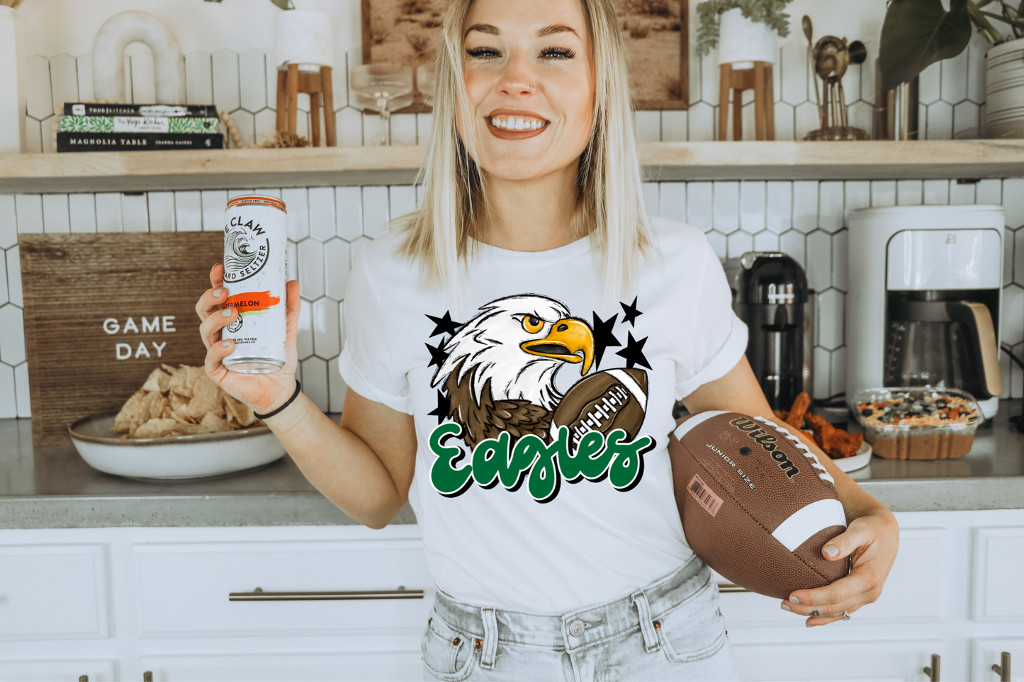 Eagles with mascot- green letters