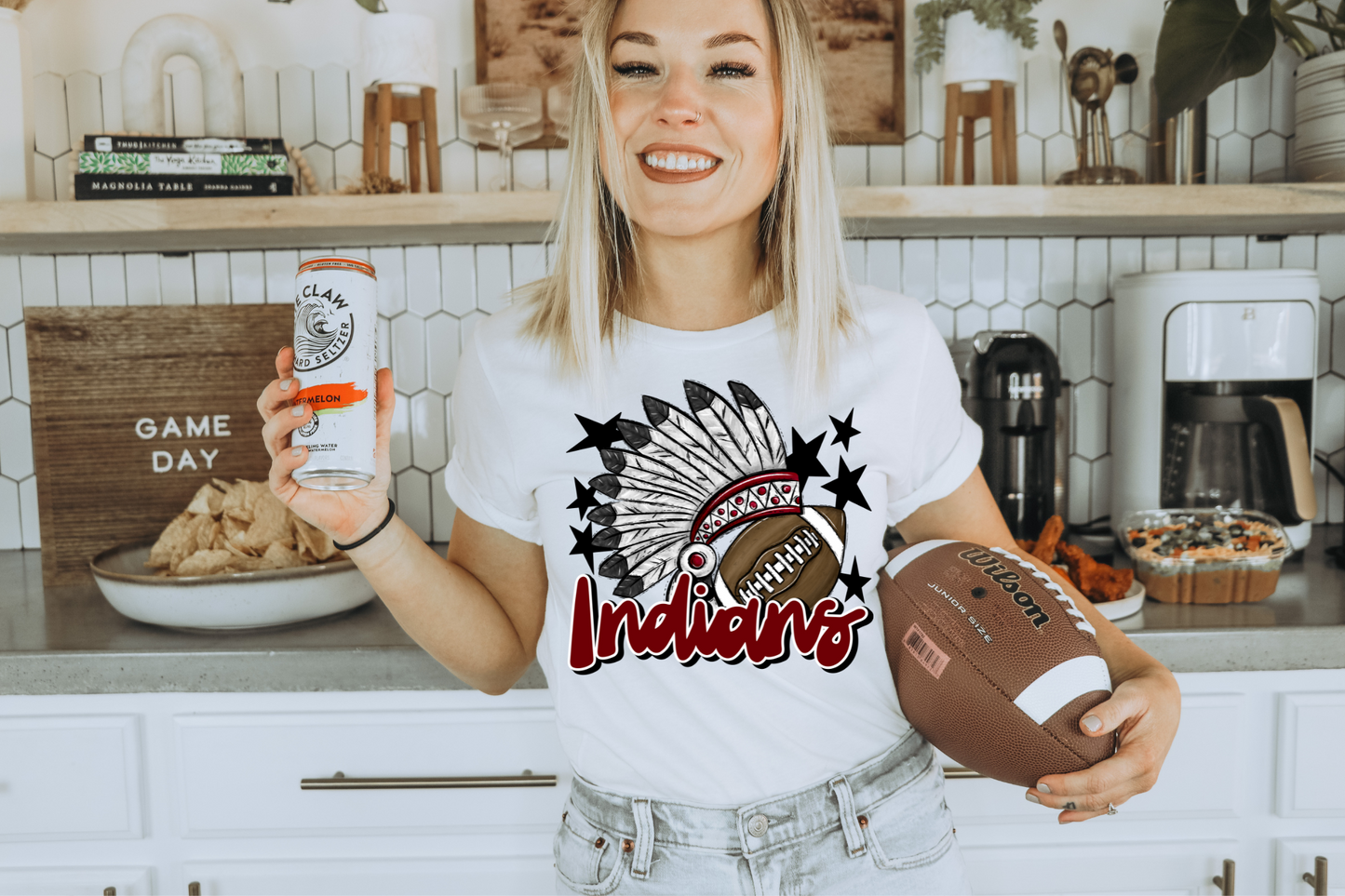 Indians with headdress- maroon letters