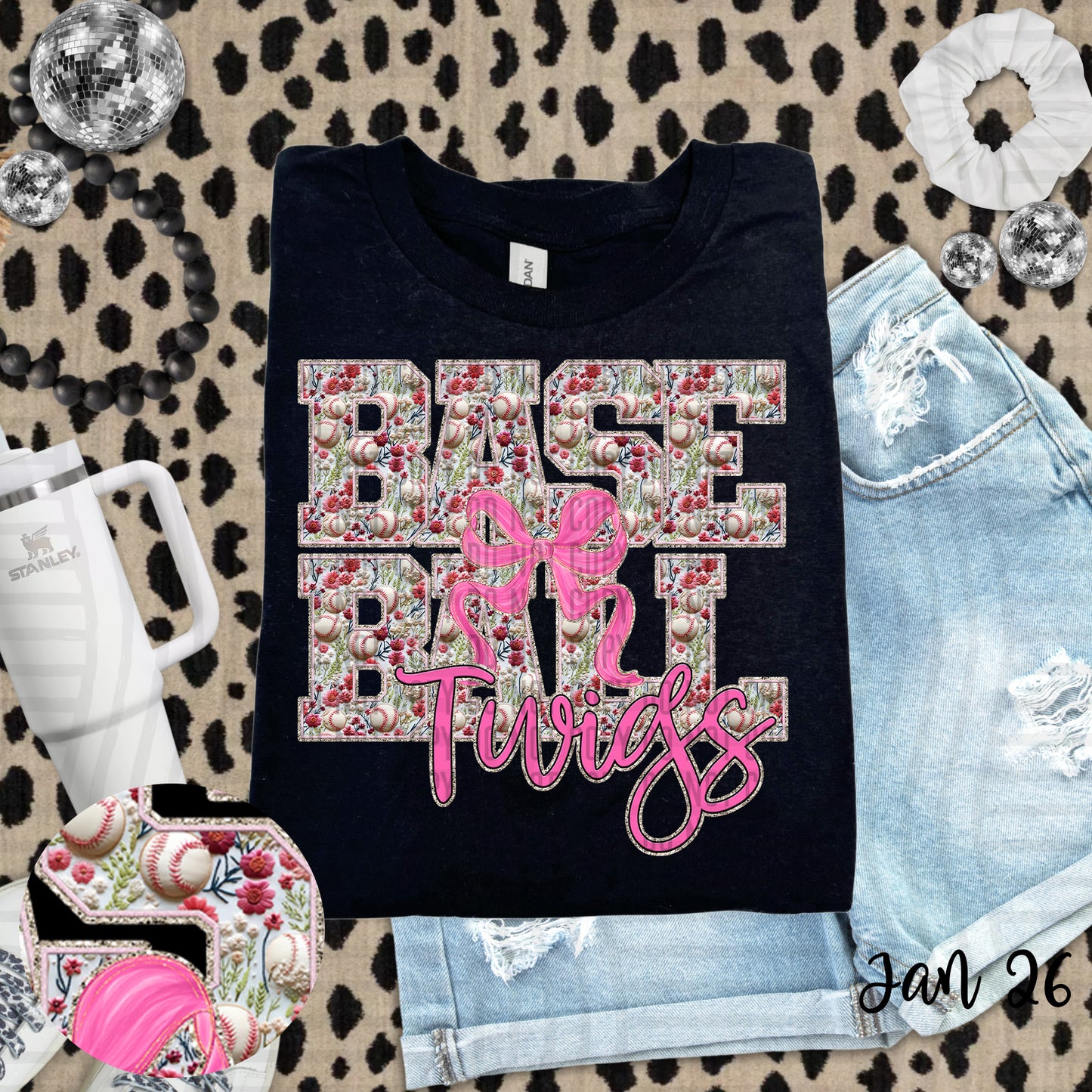 FLORAL TWIGS BASEBALL PINK BOW