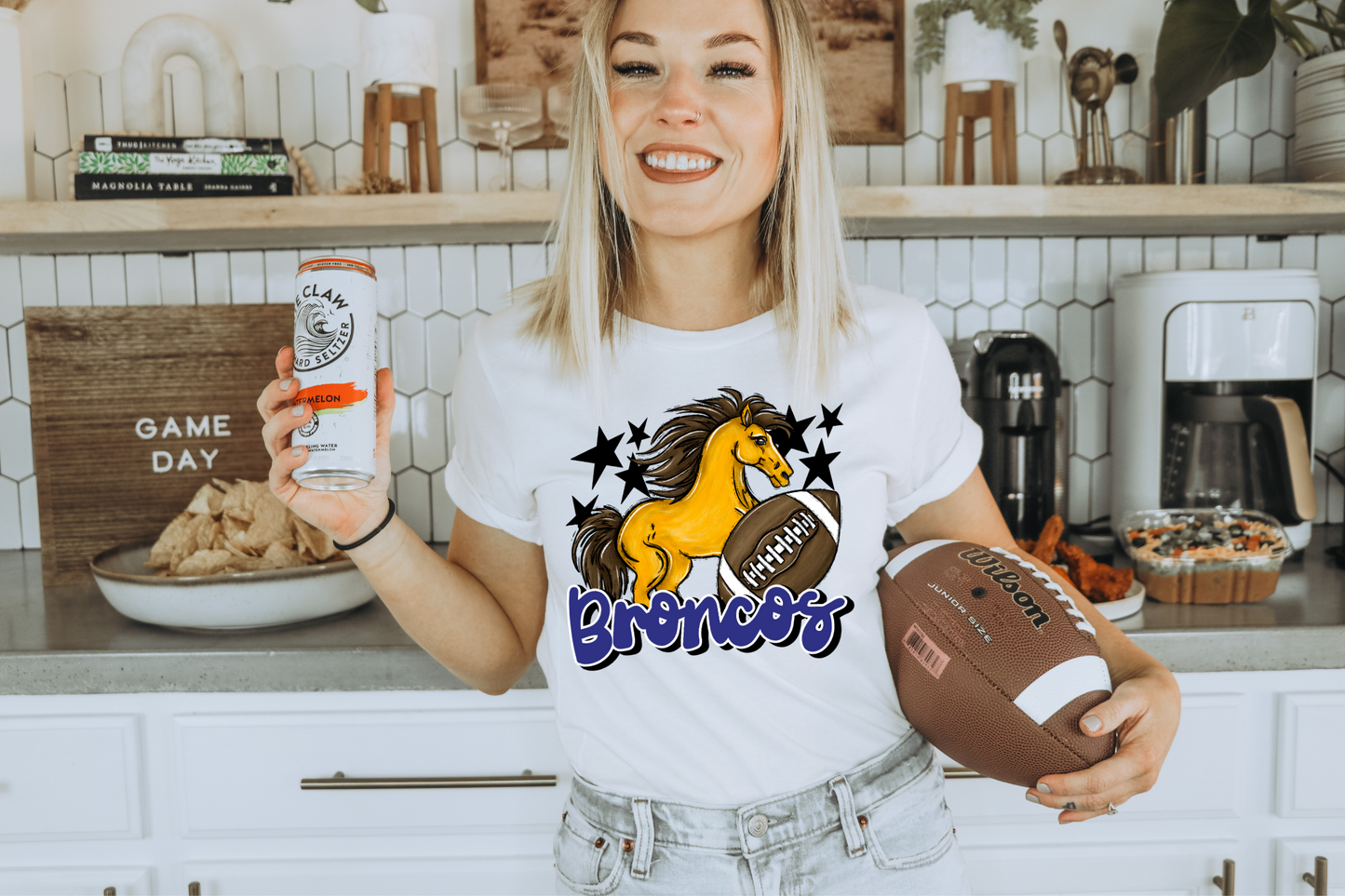 Broncos with mascot- blue letters
