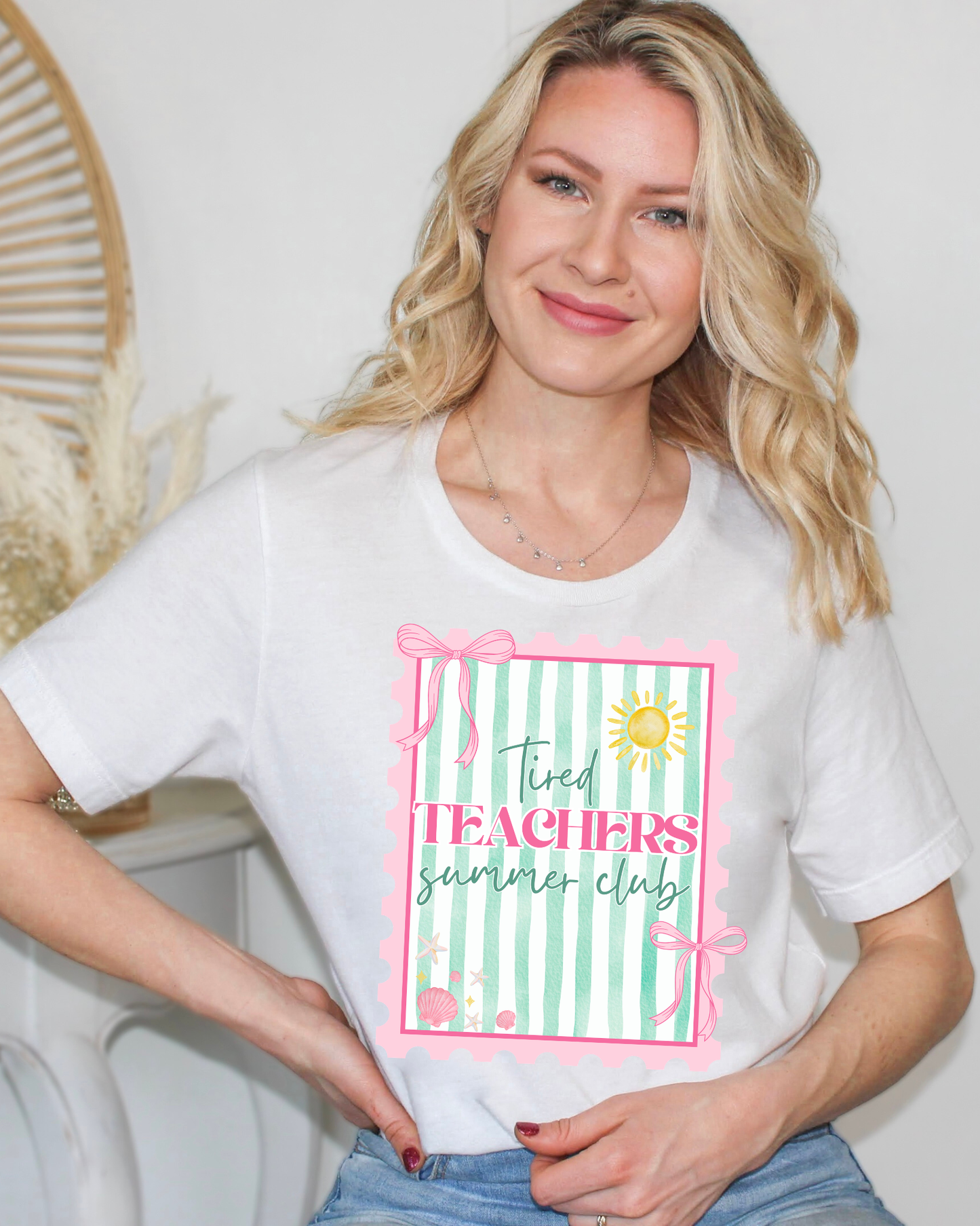 TIRED TEACHERS SUMMER CLUB STRIPES & PINK OUTLINE