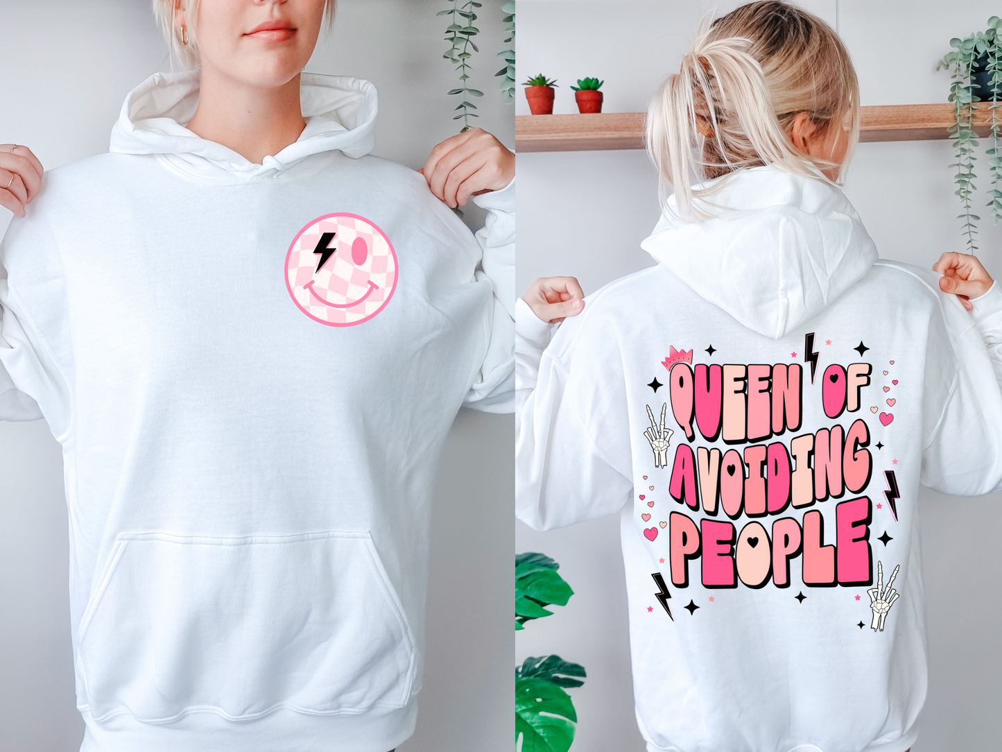 Pink checkered smiley with black lightning-front