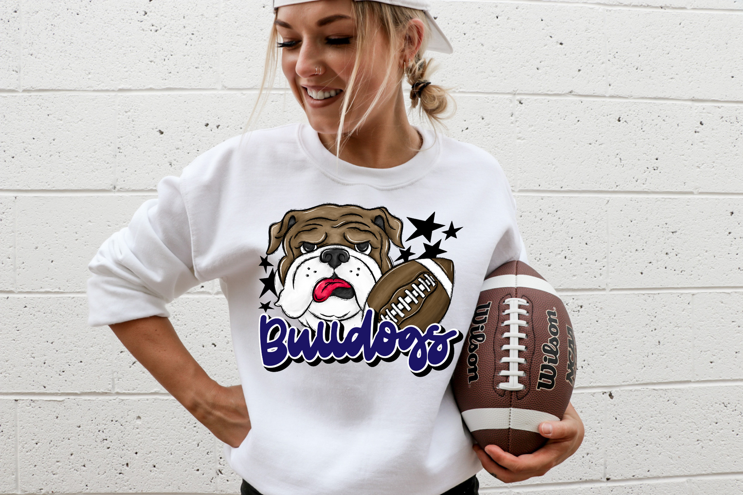 Bulldogs with mascot- blue letters