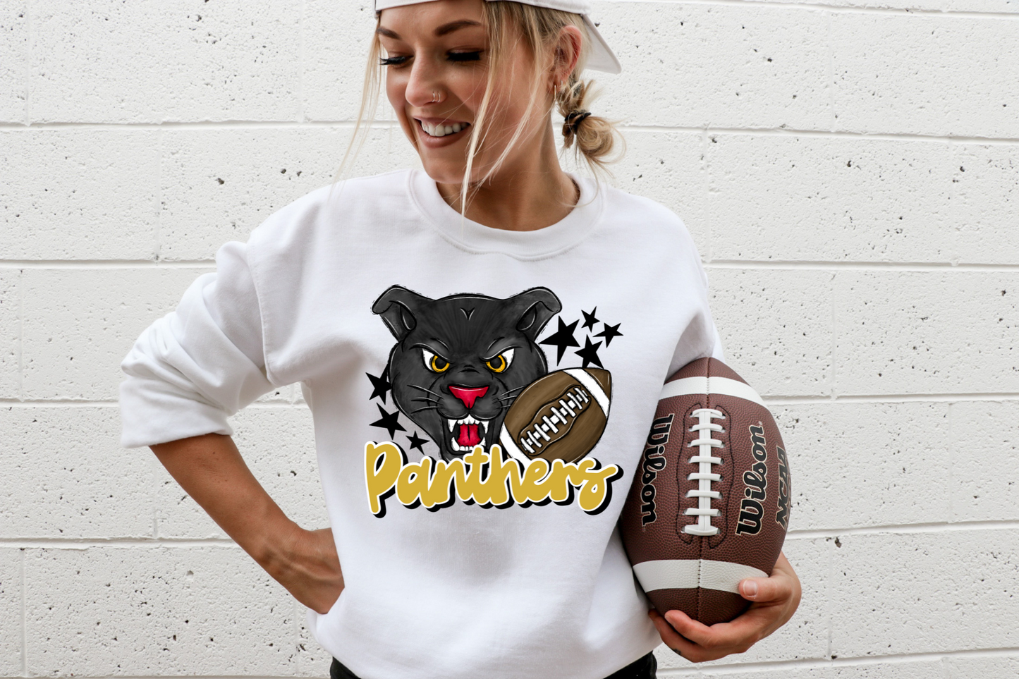 Panthers with mascot- yellow letters