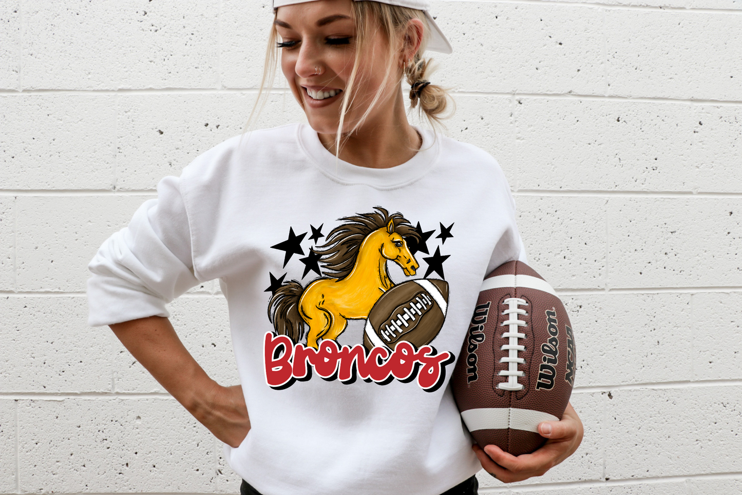Broncos with mascot- red letters