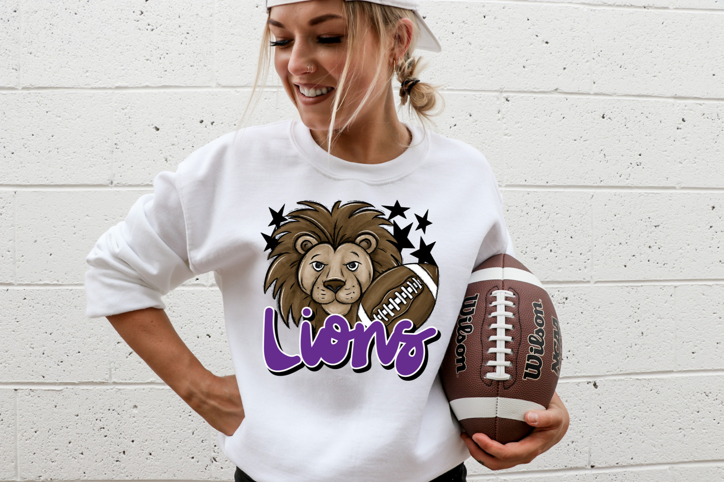 Lions with mascot- purple letters