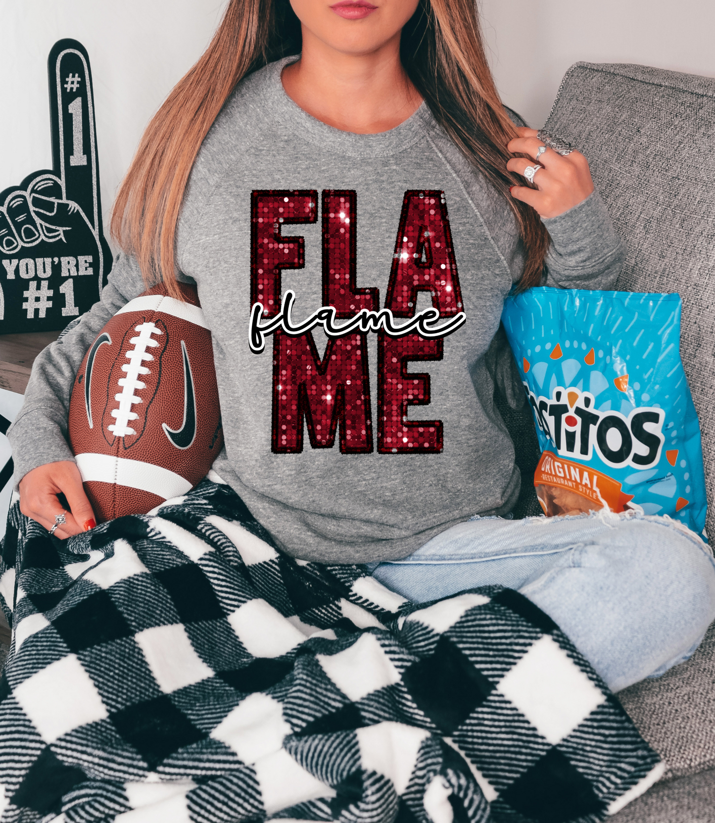 Flame, red letters - faux sequin