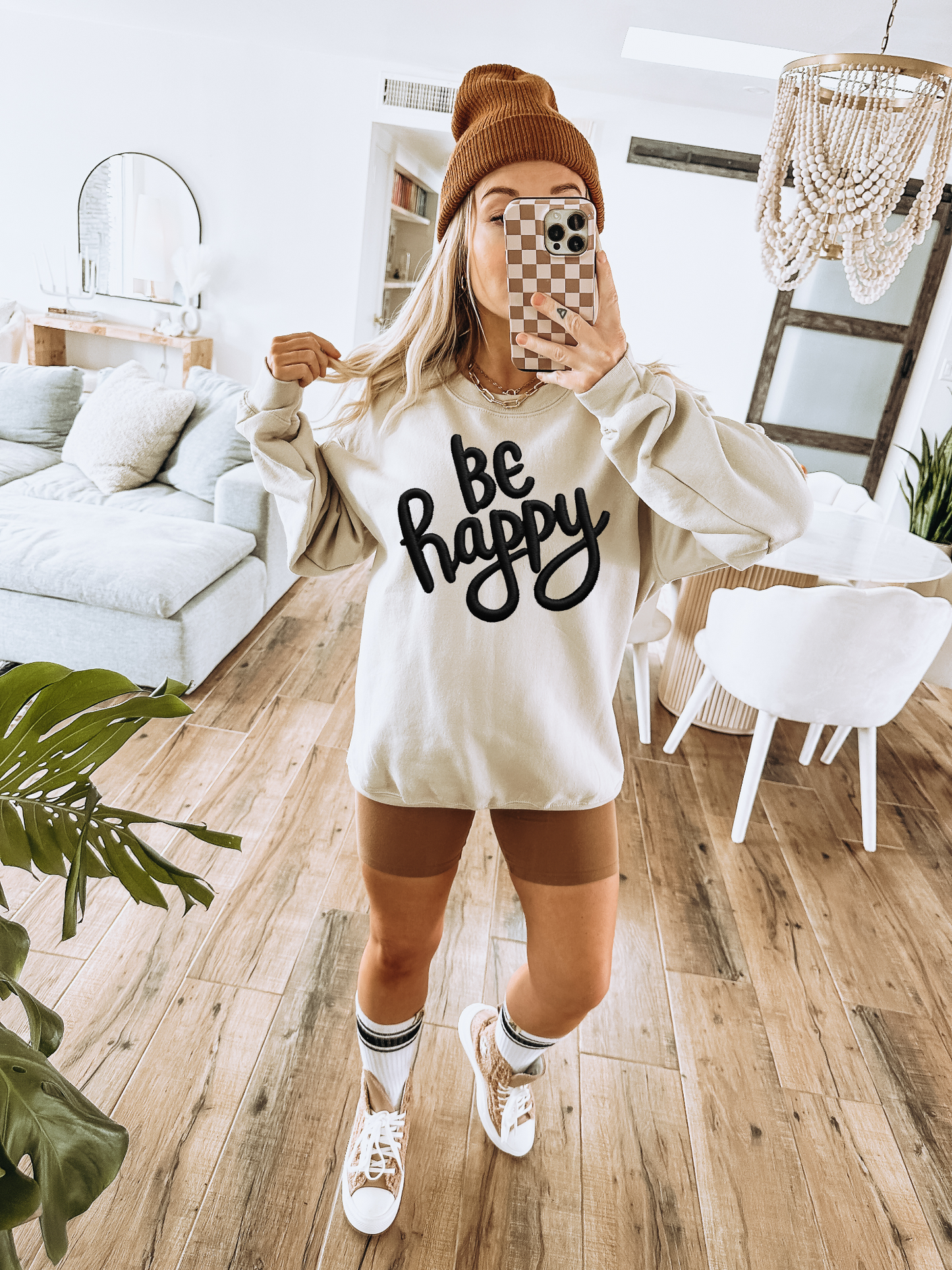 Be Happy Faux Embroidery-BLACK