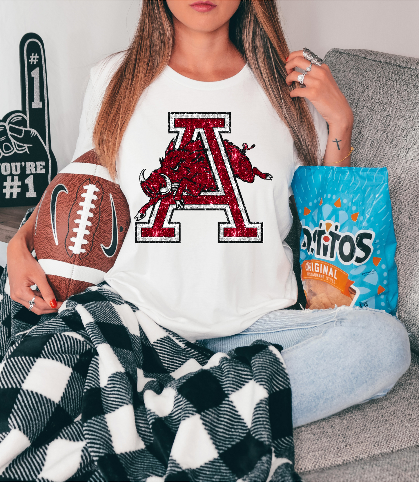 Razorback with red/white A - faux sequin