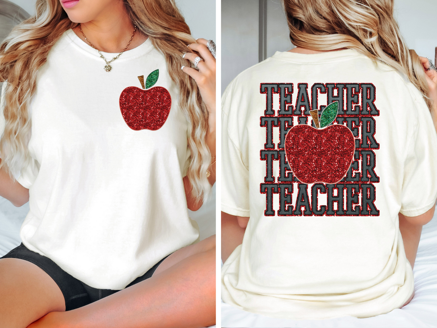 Teacher with red apple, faux sequin - back