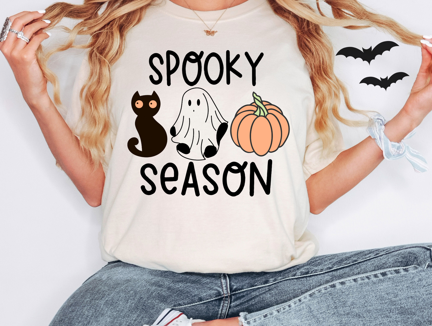 Spooky season, cat, ghost and pumpkin