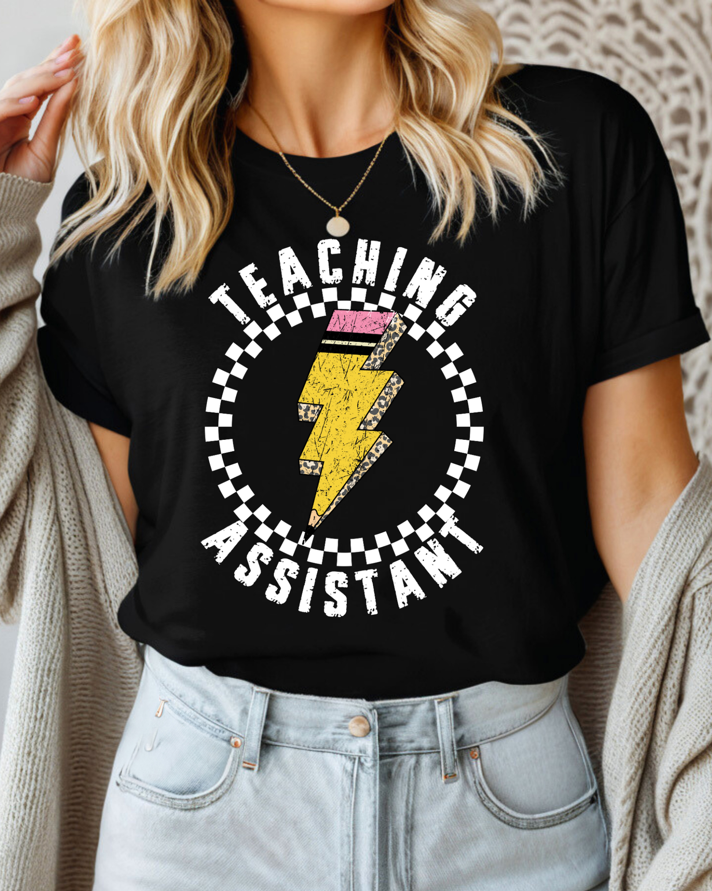 Teaching Assistant Pencil Lightning Bolt With Checkered Circle
