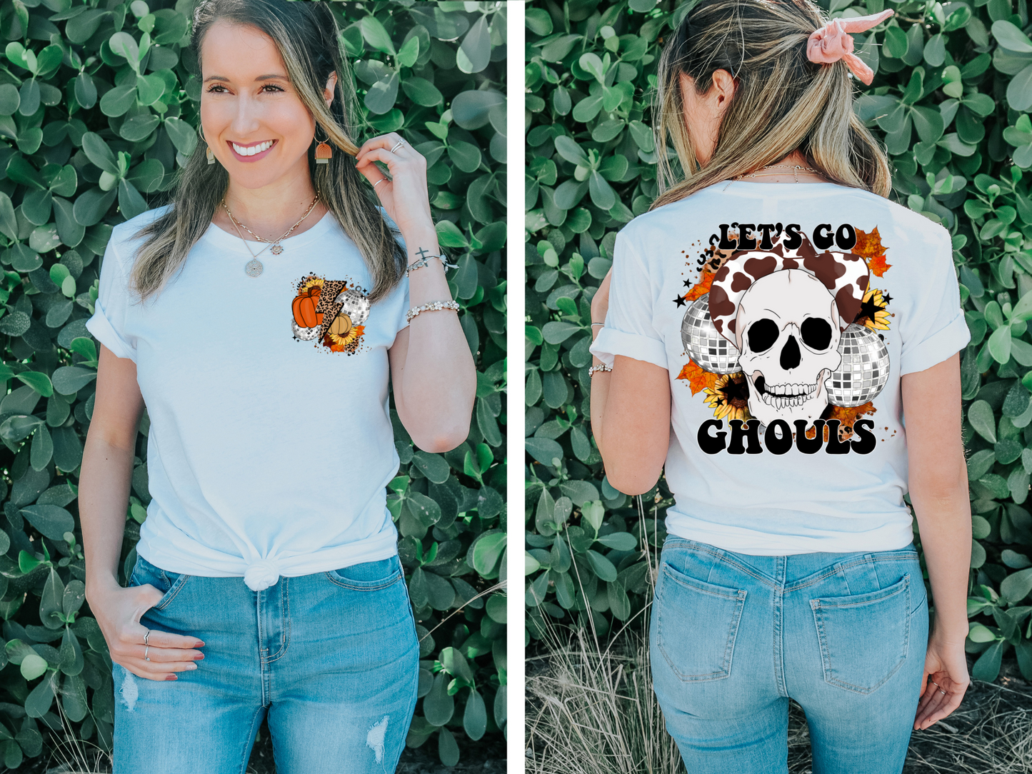 Cheetah print lightning, disco ball and pumpkins - front