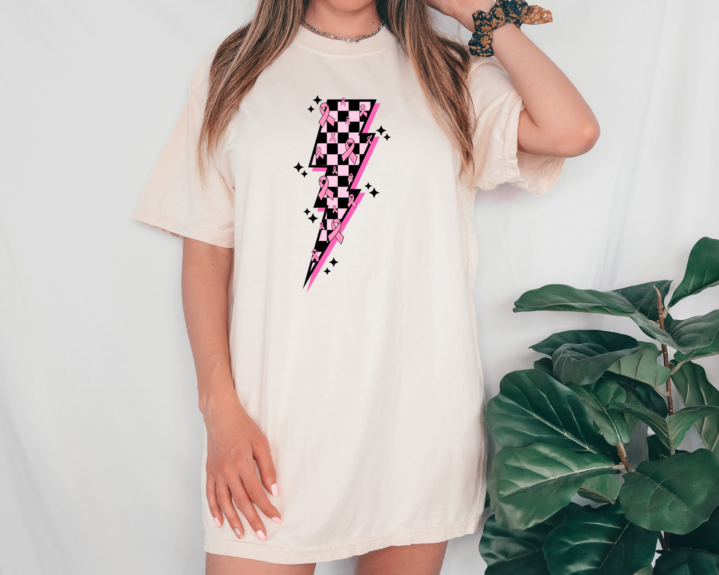 Pink/black checkered lightning with sparkle and ribbons