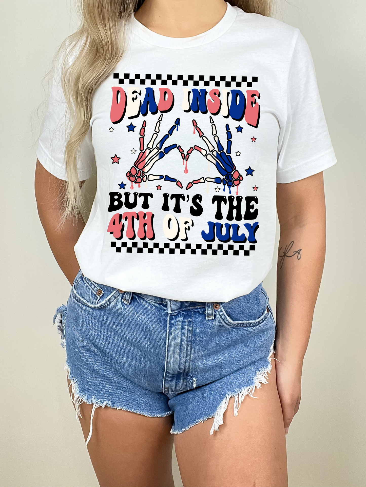 Dead Inside but its the fourth of july Checkered skeleton heart hands