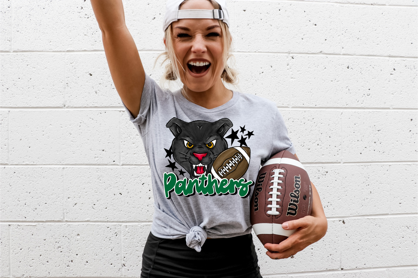 Panthers with mascot- green letters