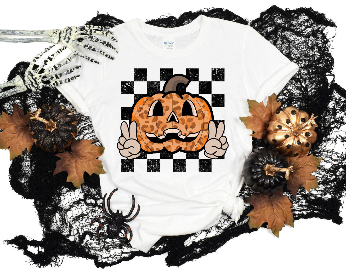 pumpkin peace sign black checkered