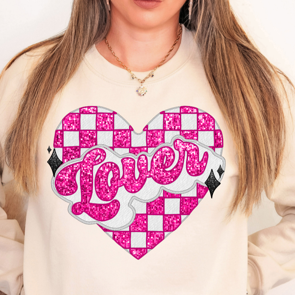 Lover Pink Sequin Checker Heart FRONT -DTF Transfer
