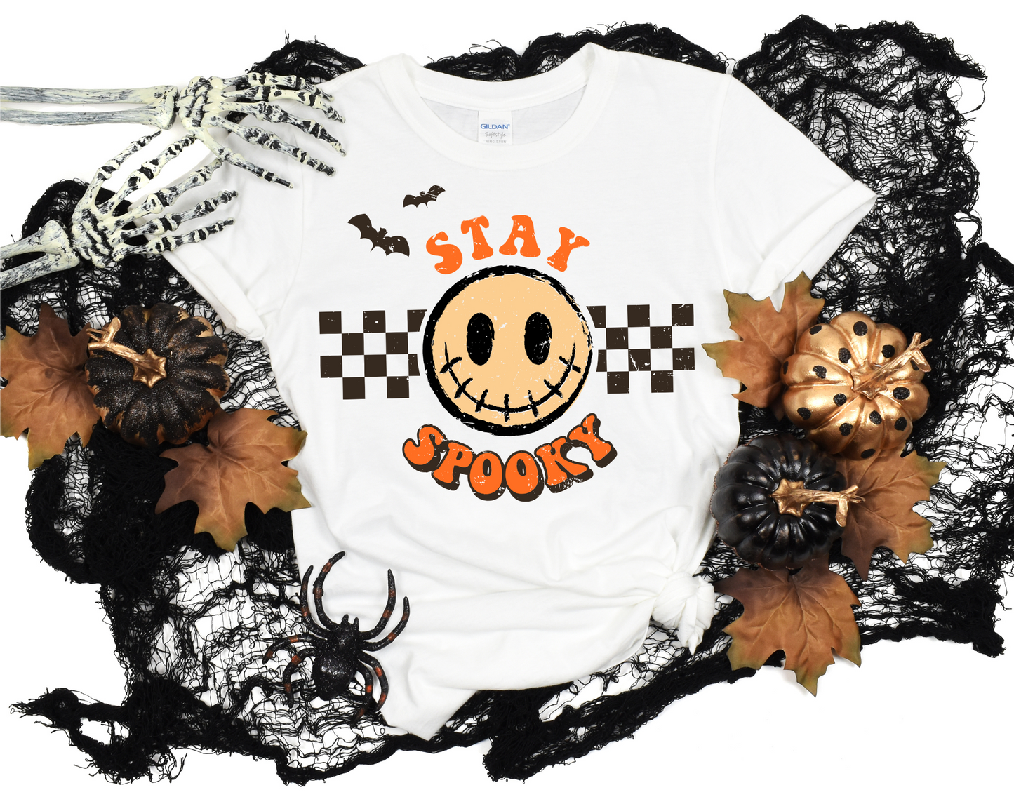 Stay spooky, stitched smiley black checkered