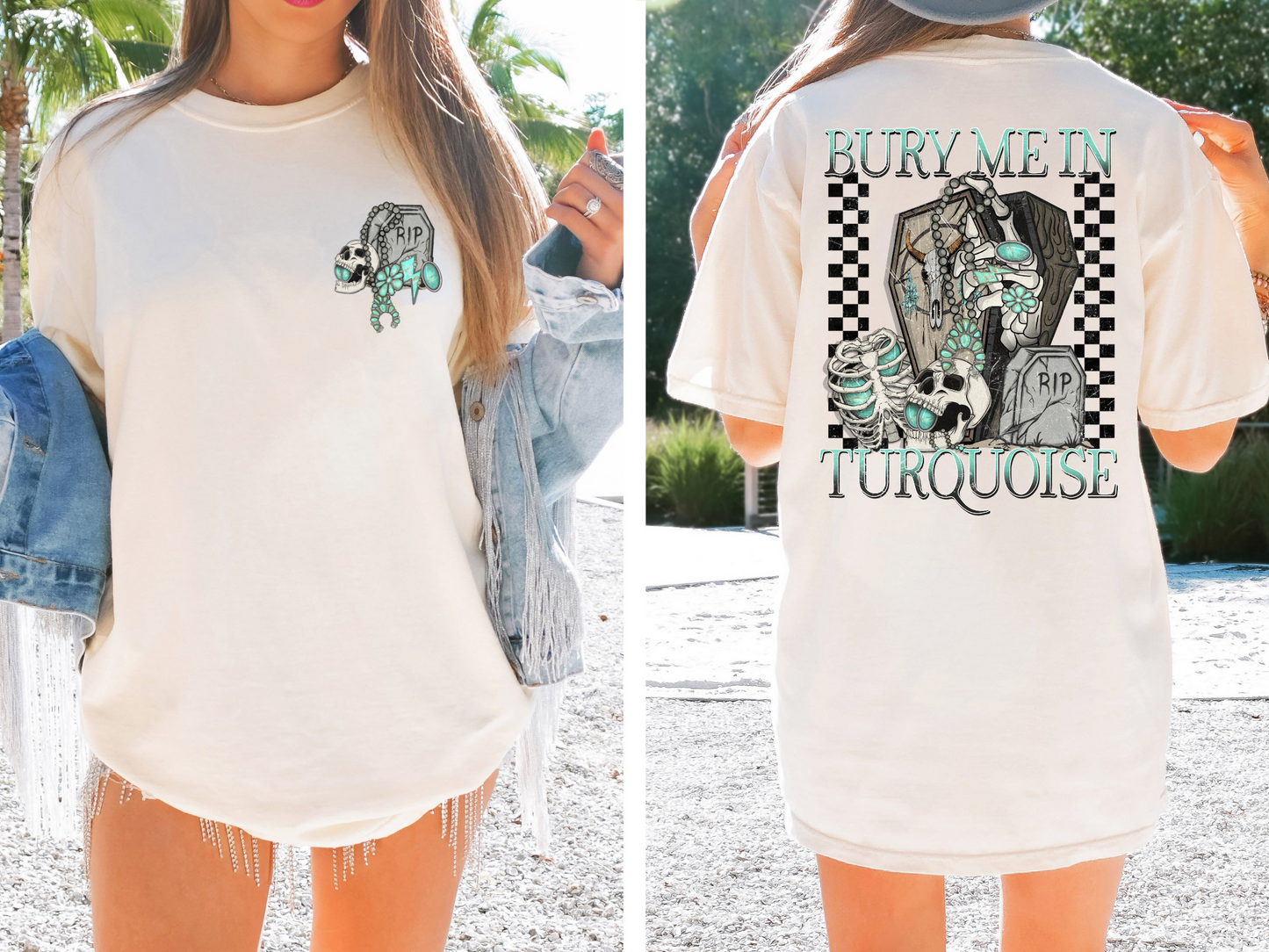 Headstone with skull and turquoise jewelry - front
