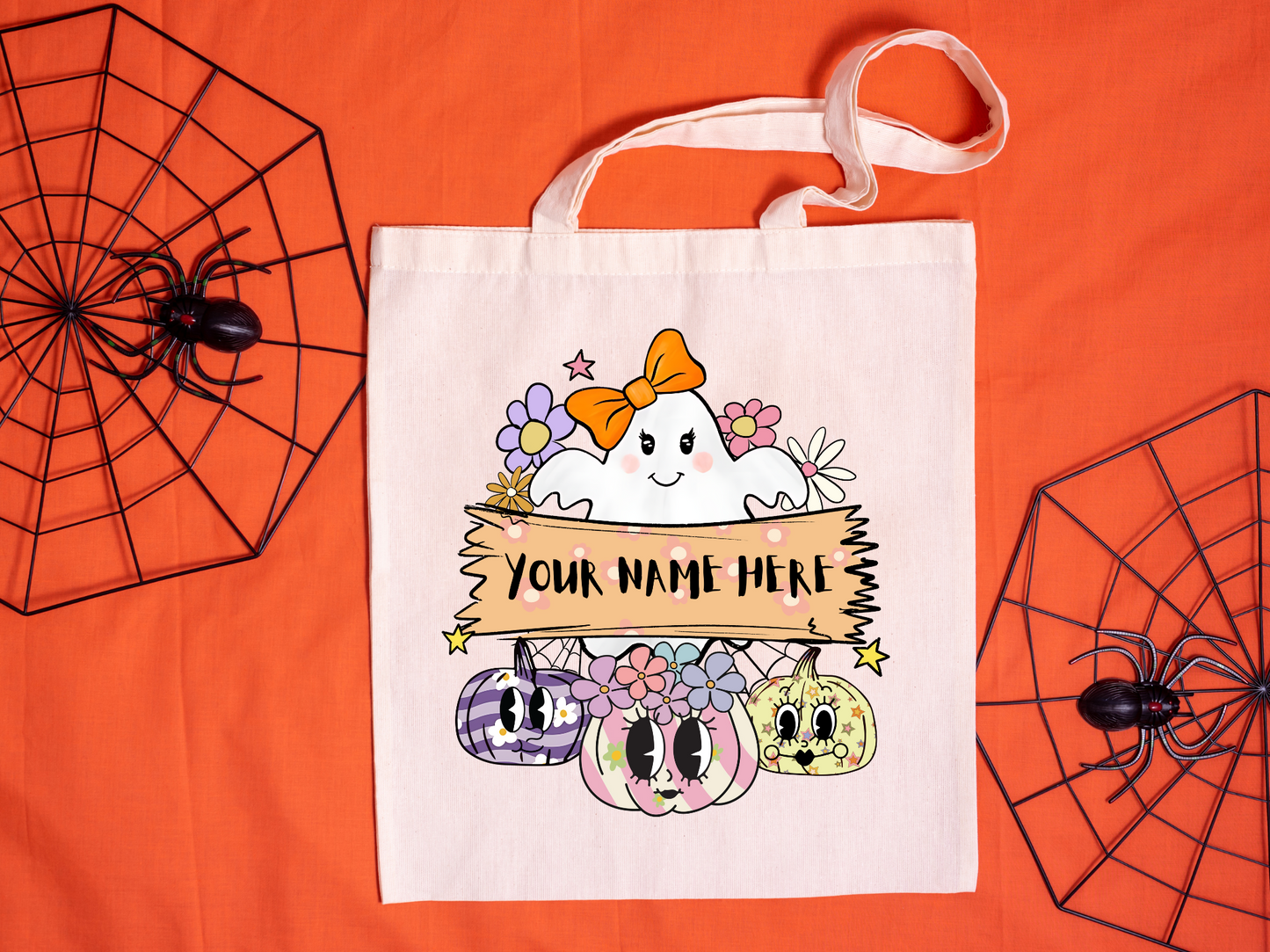 Female ghost with pumpkins and personalization sign