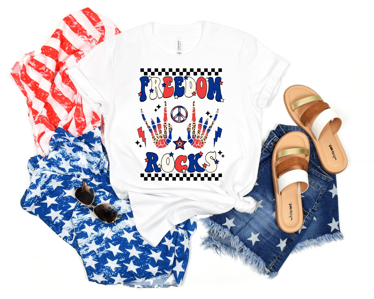 Freedom Rocks Checkered Rock On Leopard Flag Skeleton hands