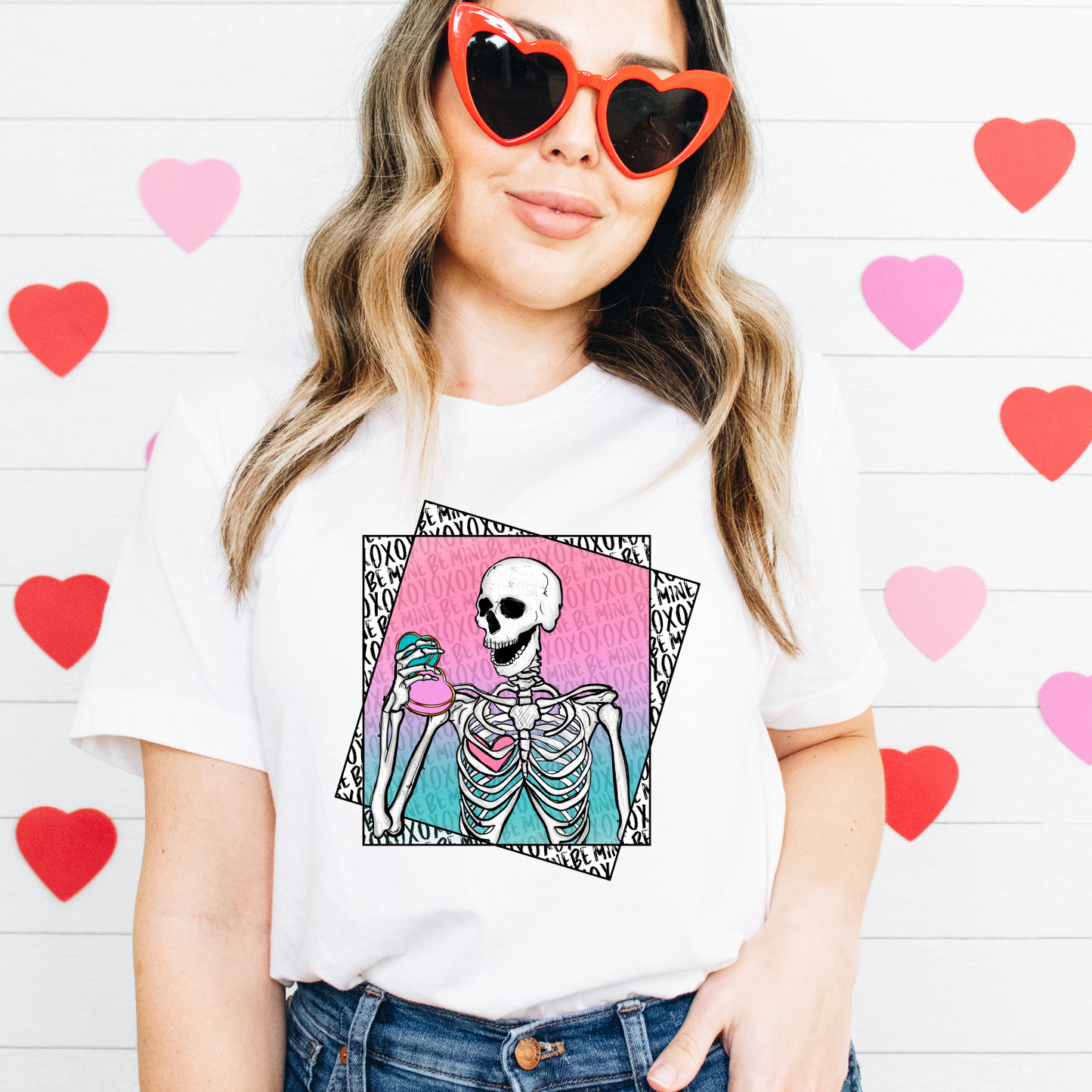 Pink Heart Skellie XOXO Be Mine BG - DTF Transfer