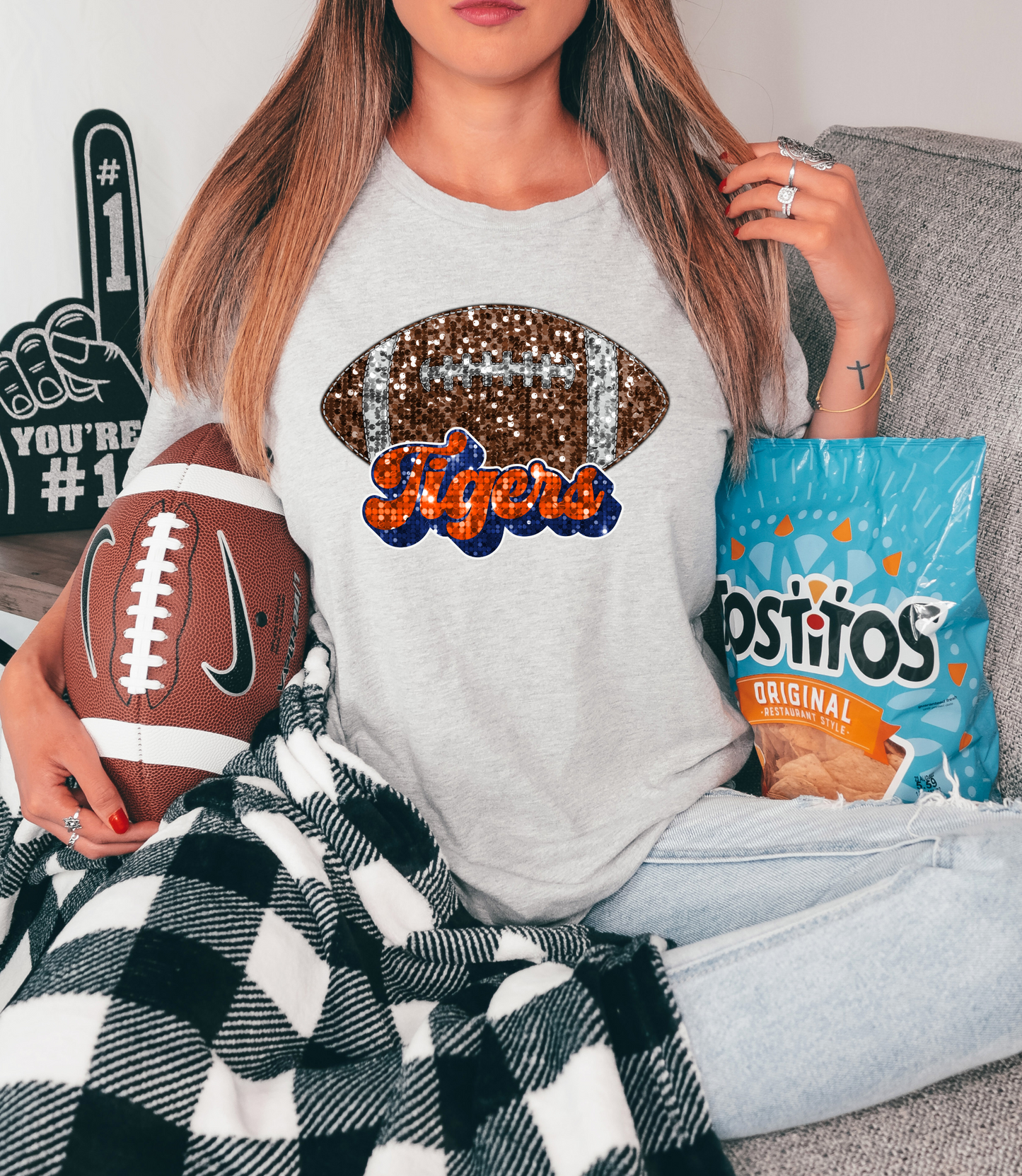 Tigers, sequin - football blue & orange