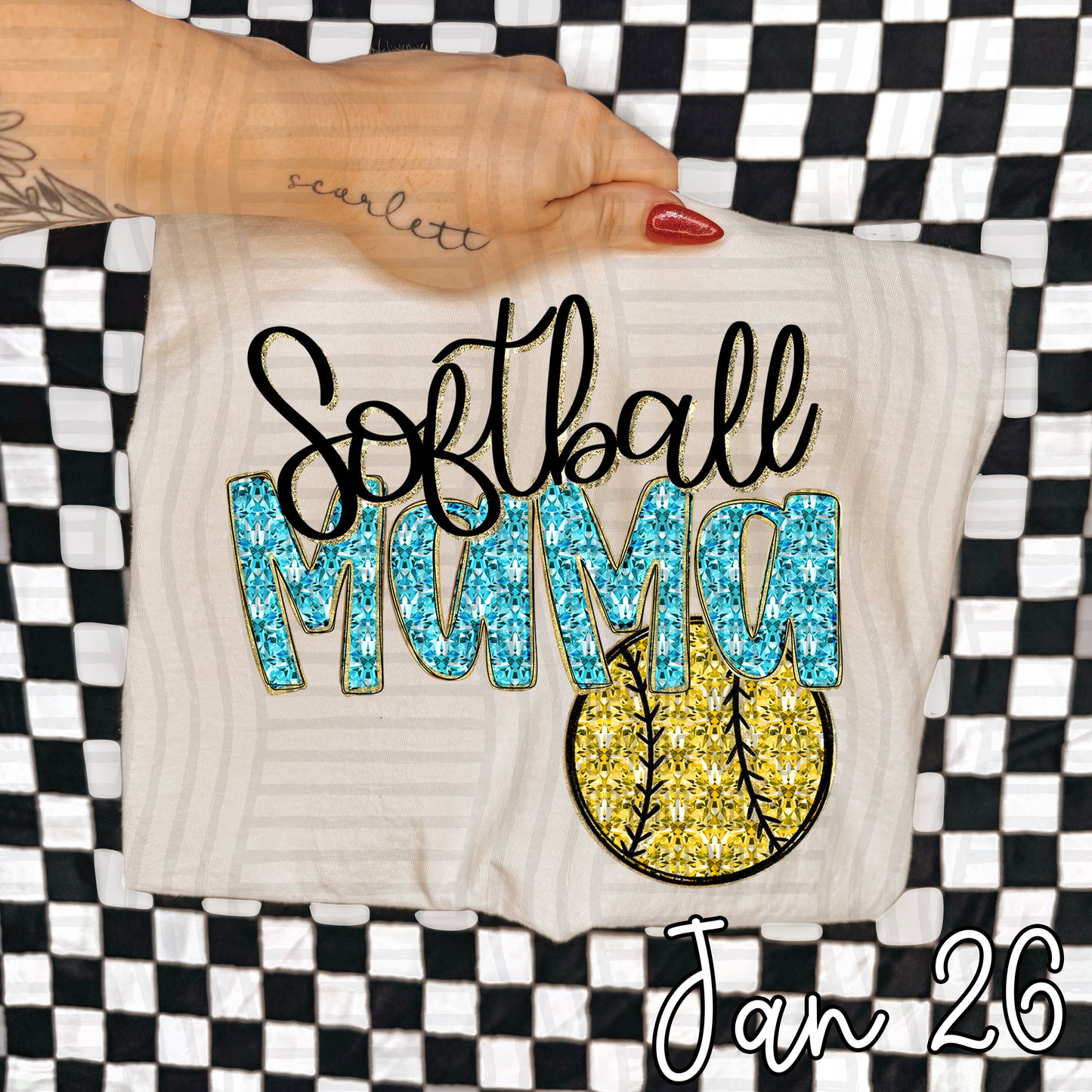 SOFTBALL MAMA BRIGHT BLUE FAUX SPARKLE