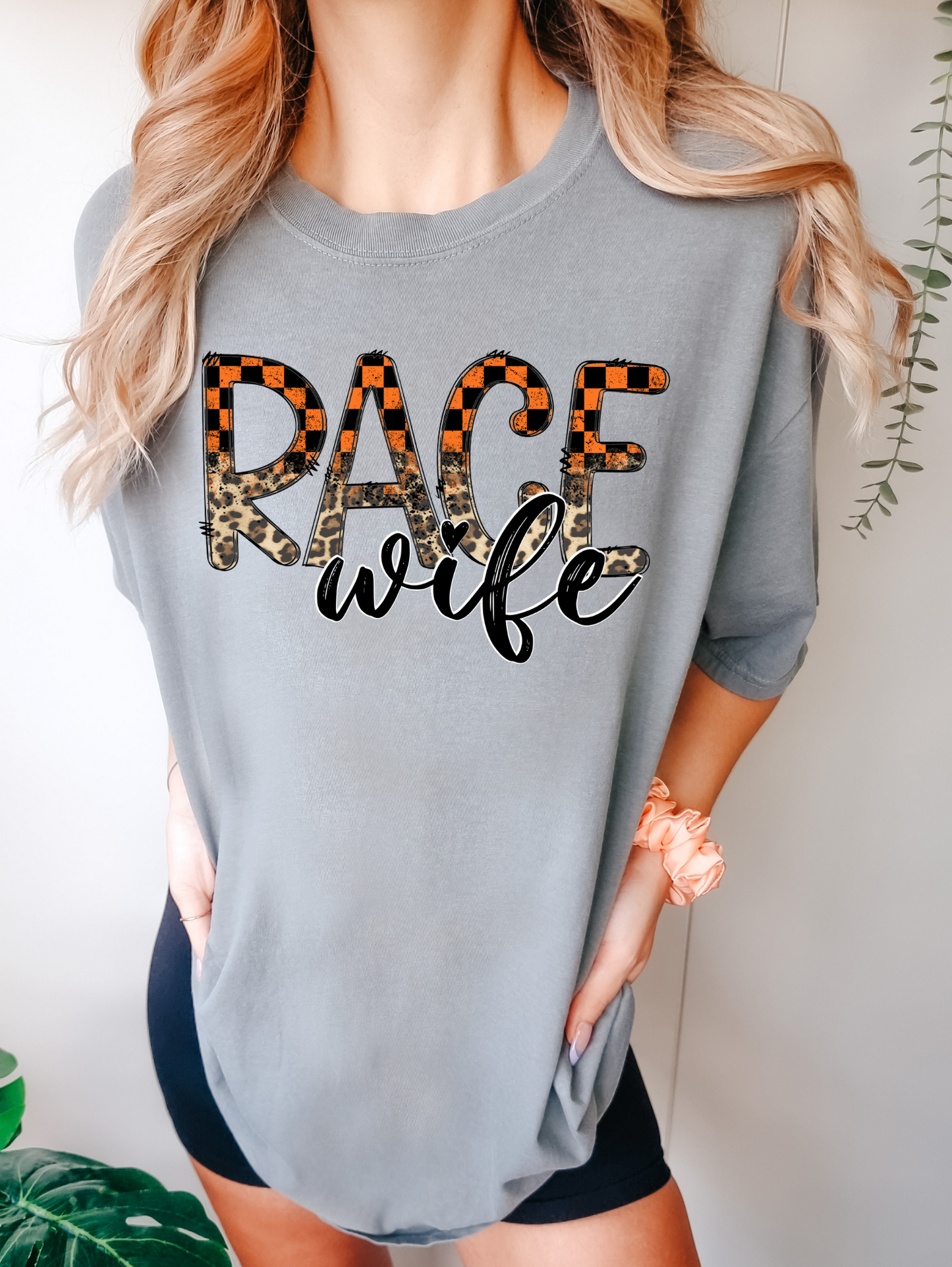 Race wife- orange/black checkered & cheetah print