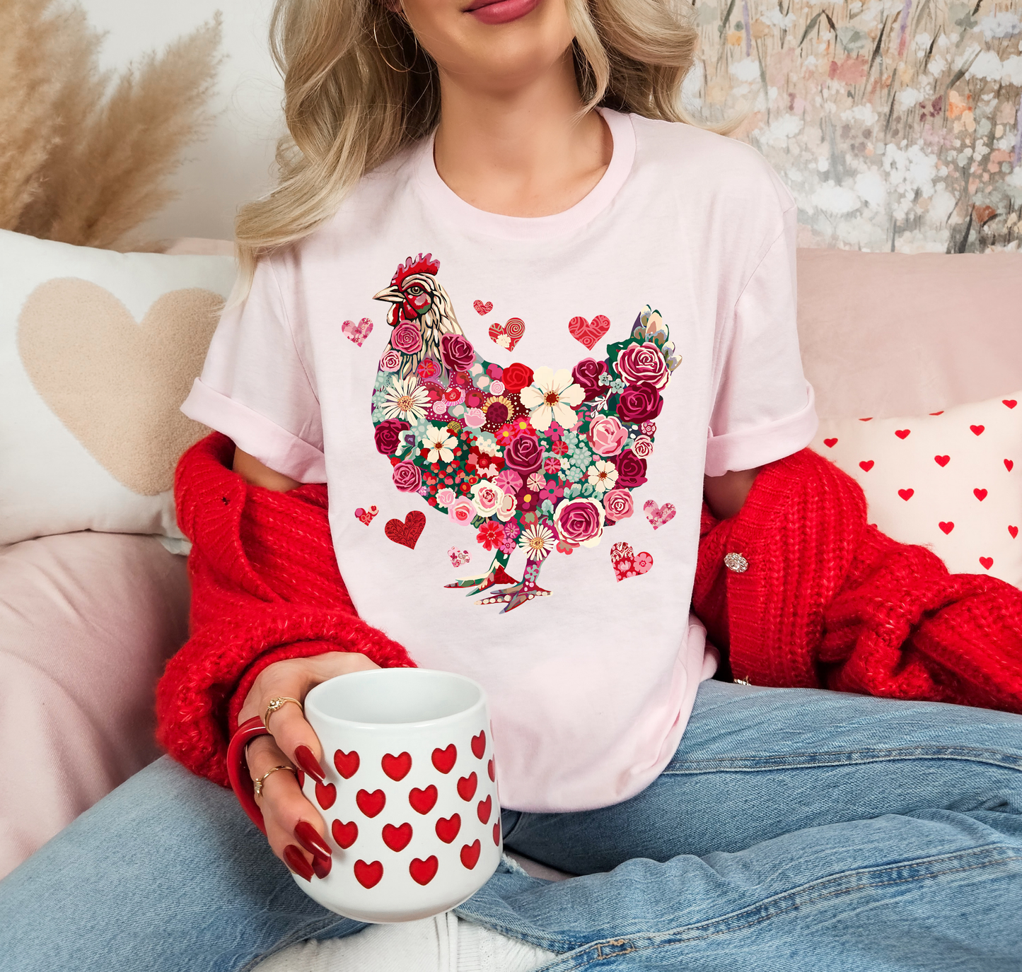 Rooster With Roses And Hearts