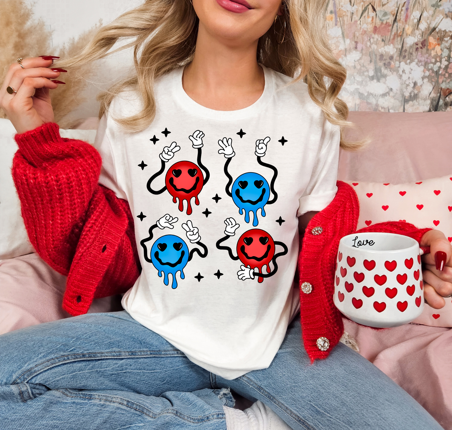 Smiley Faces With Squiggly Arms Red & Blue