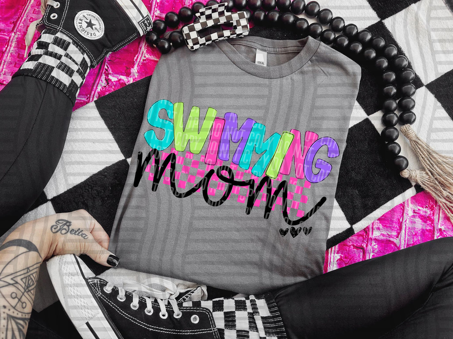 SWIMMING MOM COLORFUL STARS CHECKERS