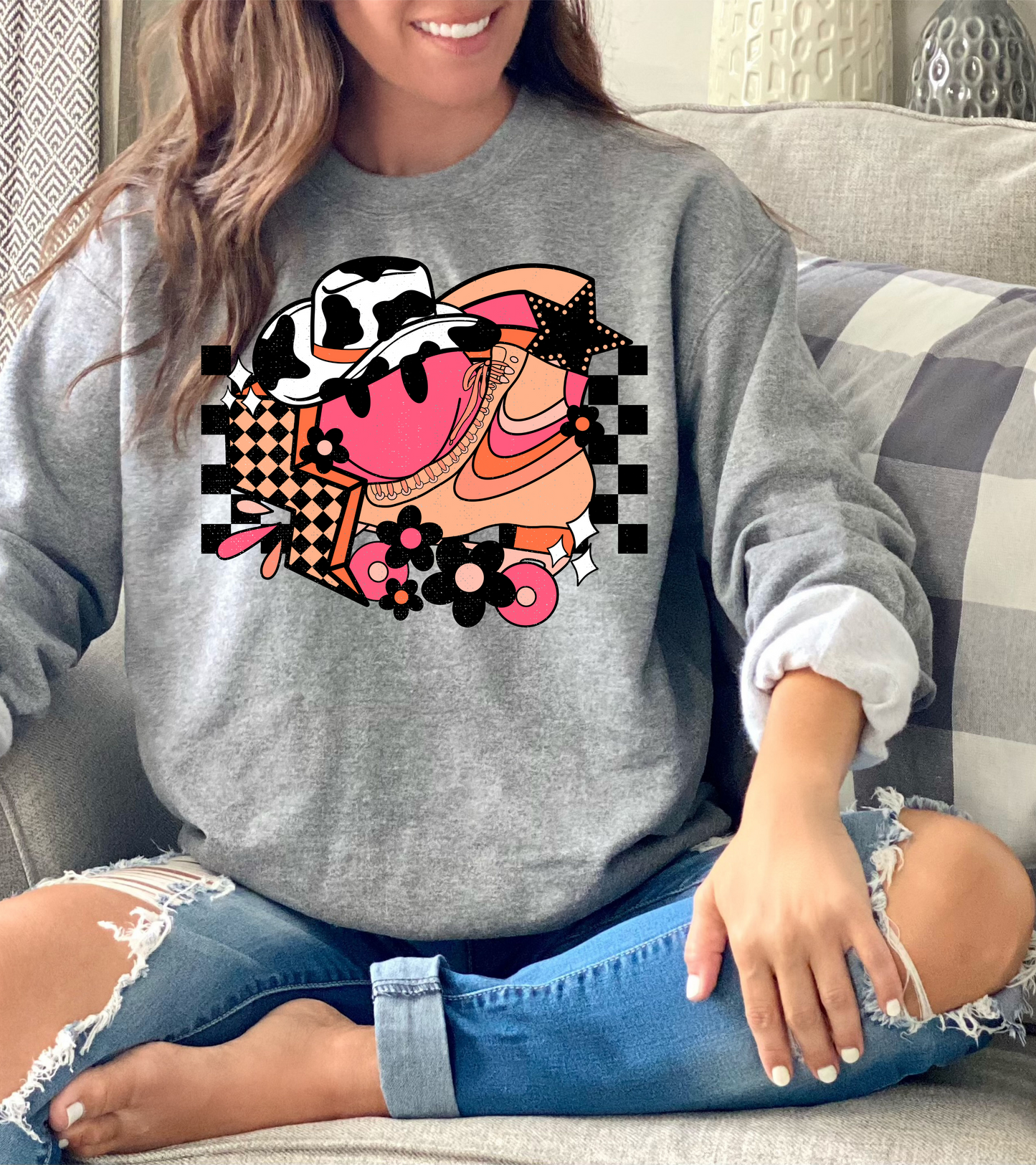 Retro Cow Print Cowboy Hat Roller Skates Checkered