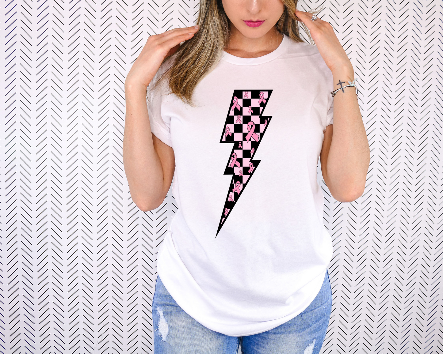 Checkered lightning with pink ribbons