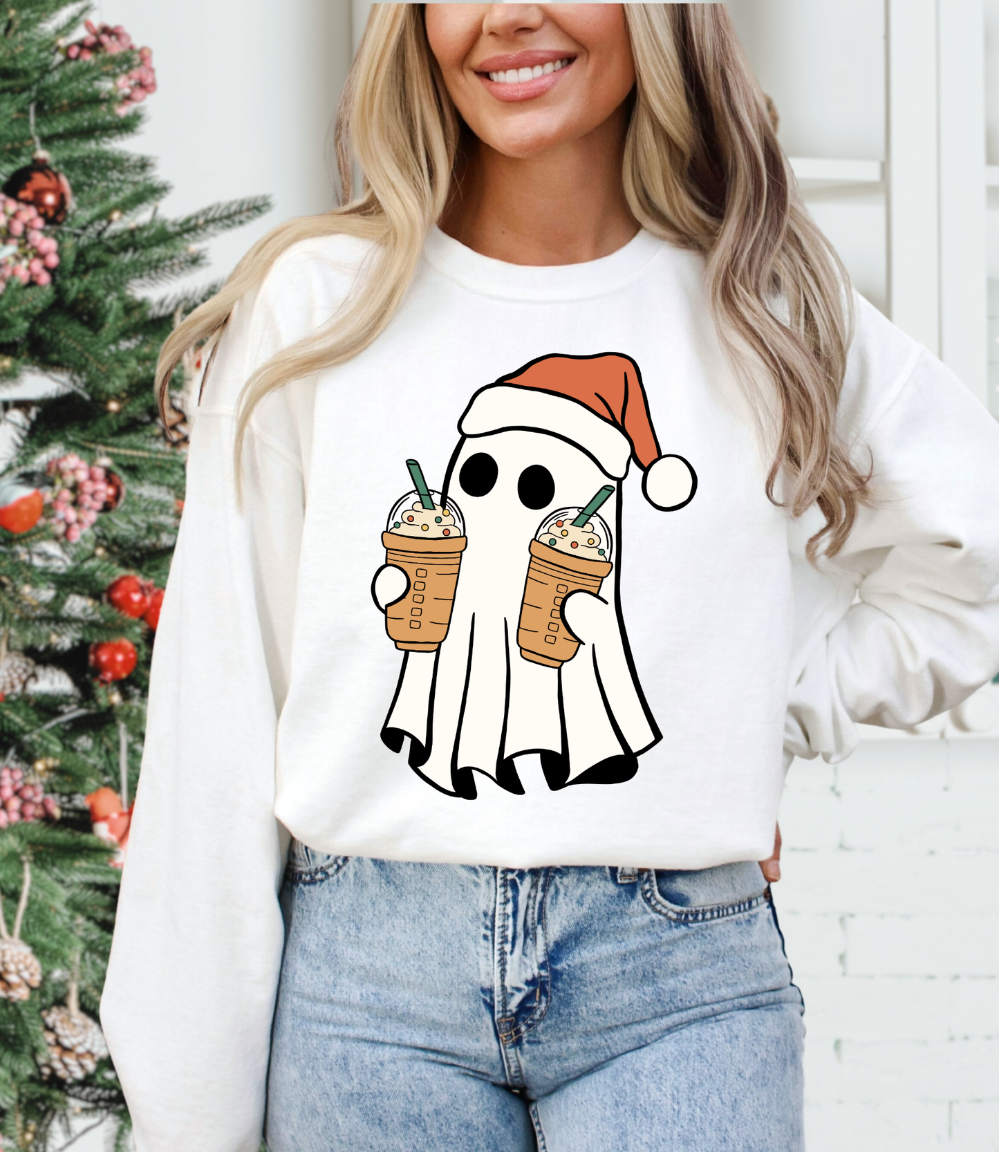 Ghost With Santa Hat And Coffee