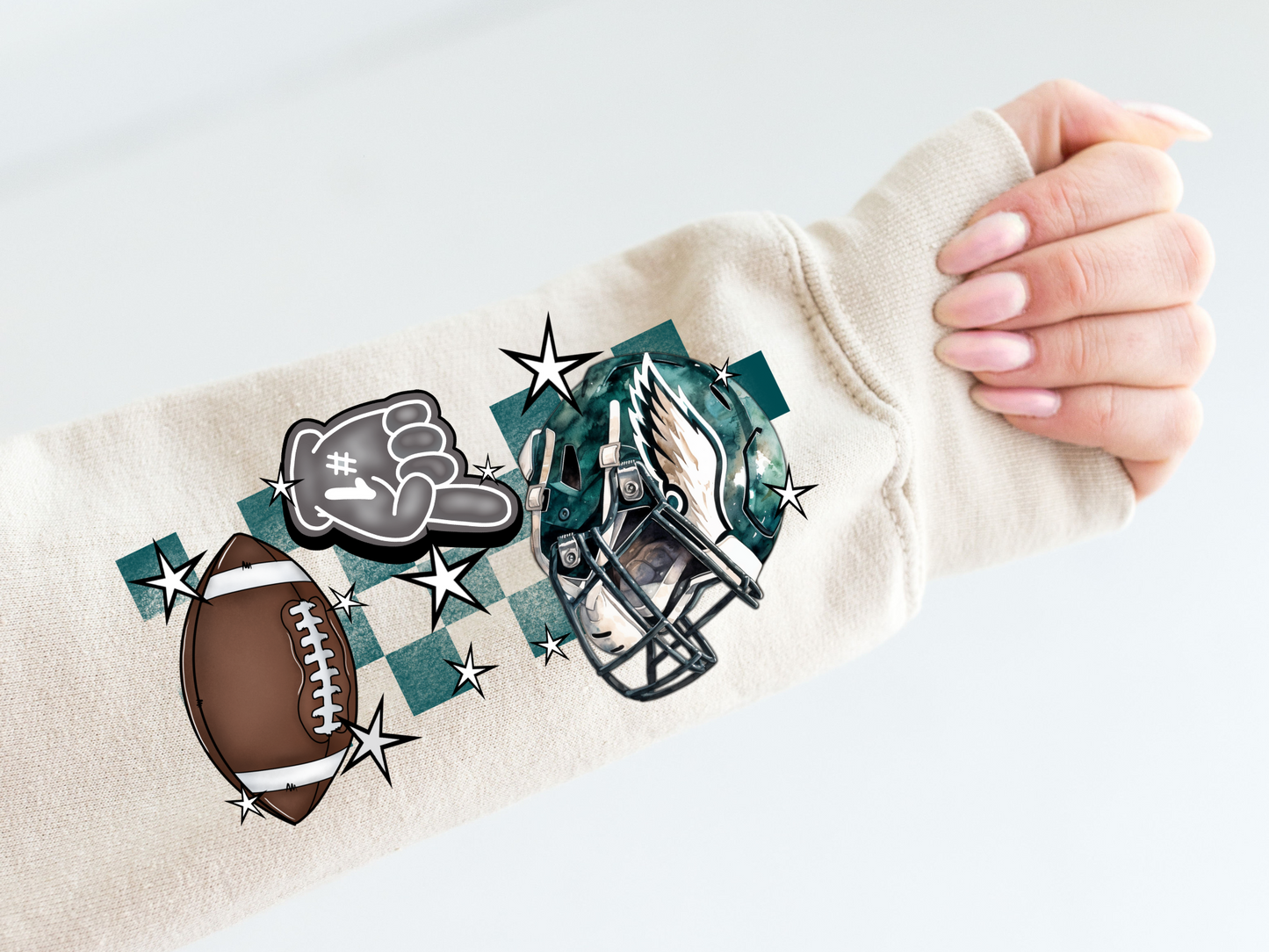 Eagles helmet, foam finger, football, blue/green checkered - sleeve
