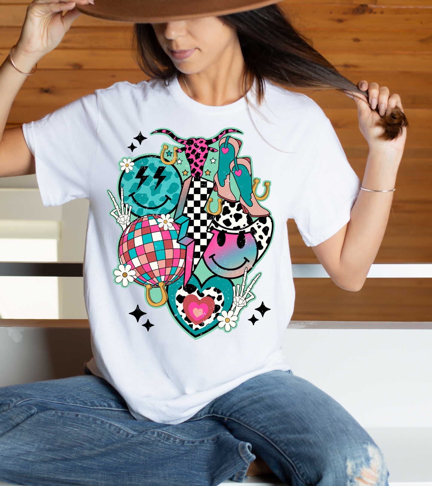 Checkered and cow print smiley collage