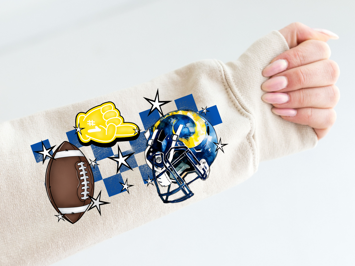 LA Rams helmet, foam finger, football & blue checkered - sleeve